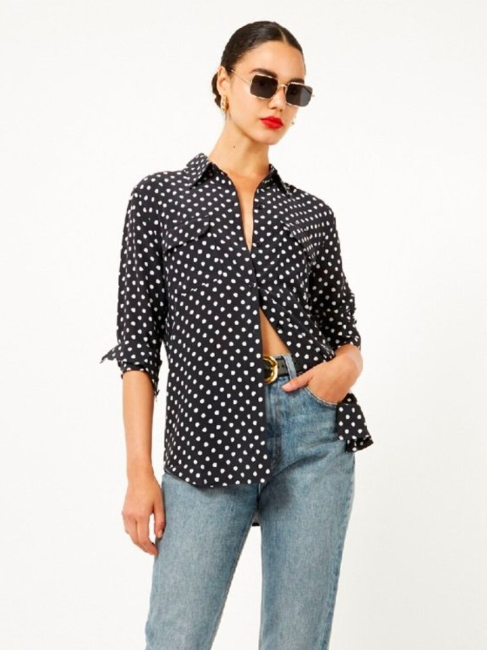 EQUIPMENT Slim Signature Black Polka Dot 100% Silk Crepe Button Up Shirt, Size S